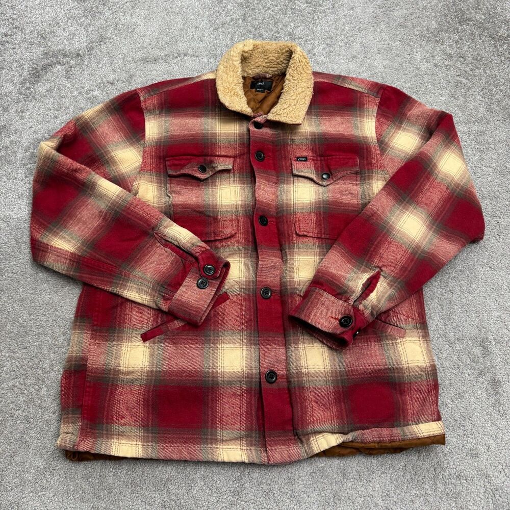 Obey Plaid Flannel Shirt Jacket Men Large Red Quilted Lined Sherpa Collar Casual